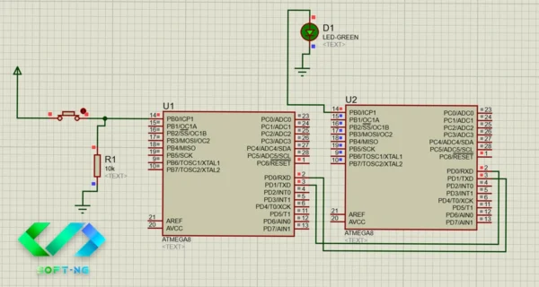 پروژه اتصال با سیم دو میکروکنترلر ATmega، با بسکام و پروتئوس